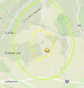 Map showing the 2024 earthquakes near Tewksbury, New Jersey.